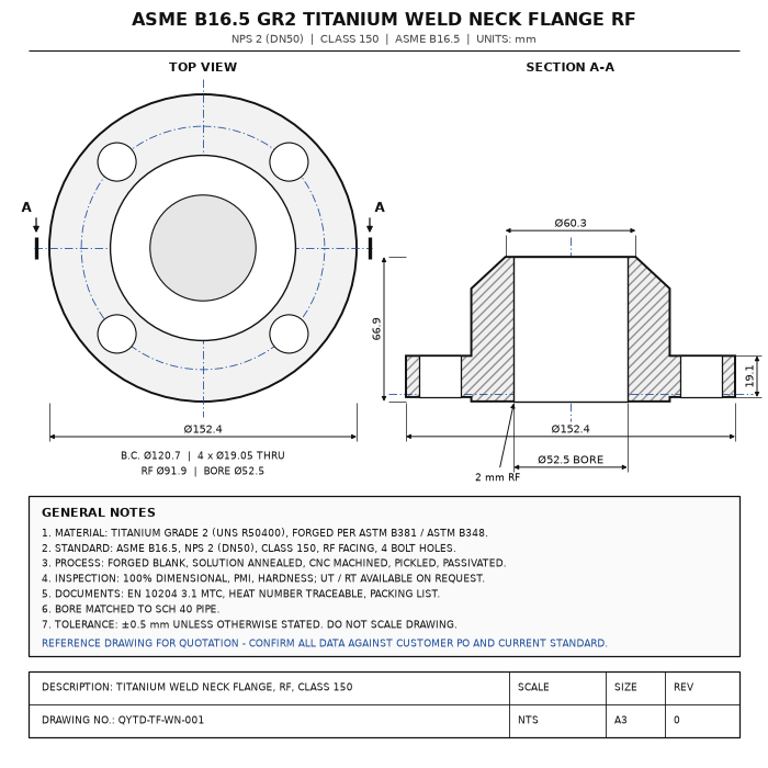 ASME B16.5 Gr2 Titanium Weld Neck Flange RF