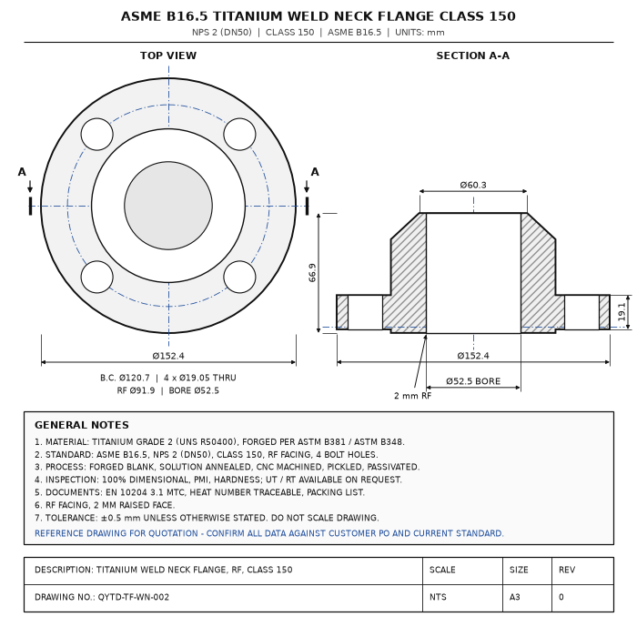 ASME B16.5 Titanium Weld Neck Flange Class 150
