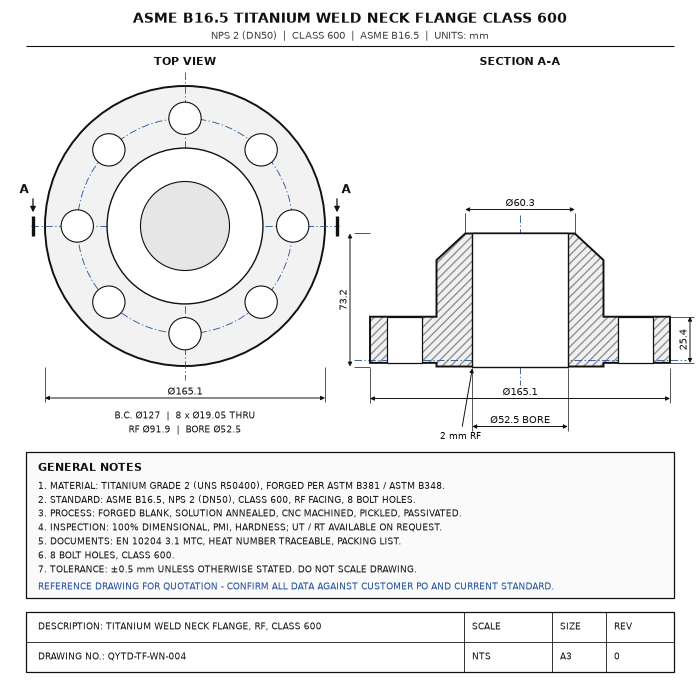 Class 600 ASME B16.5 Titanium Weld Neck Flange 