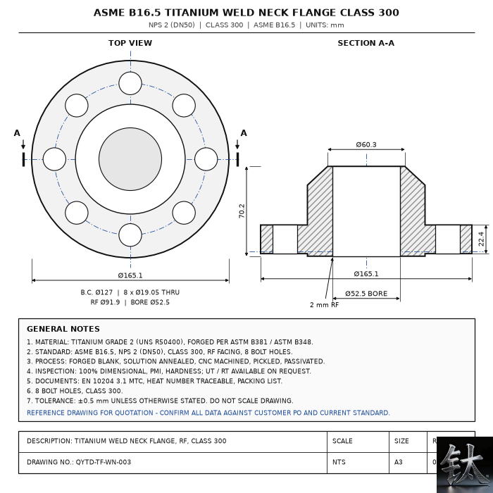 ASME B16.5 Titanium Weld Neck Flange Class 300